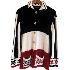 Co & Eddy Christmas Snowflakes Red White Black Button Down Sweater Womans VTG XL